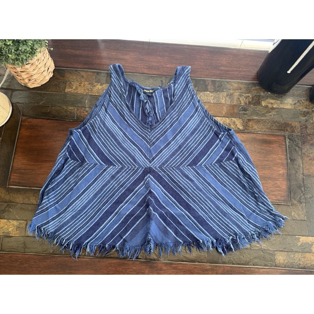 Indigo Rein Blue Linen Blend Tank Top Blouse L Fringe Raw Hem Open Back Juniors